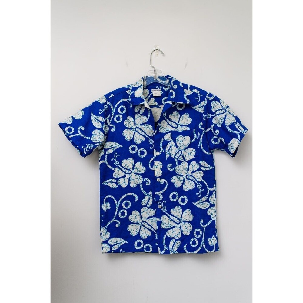 Made in Hawaii Blue Cotton Batik floral hawaiian Men's Shirt S Vintage